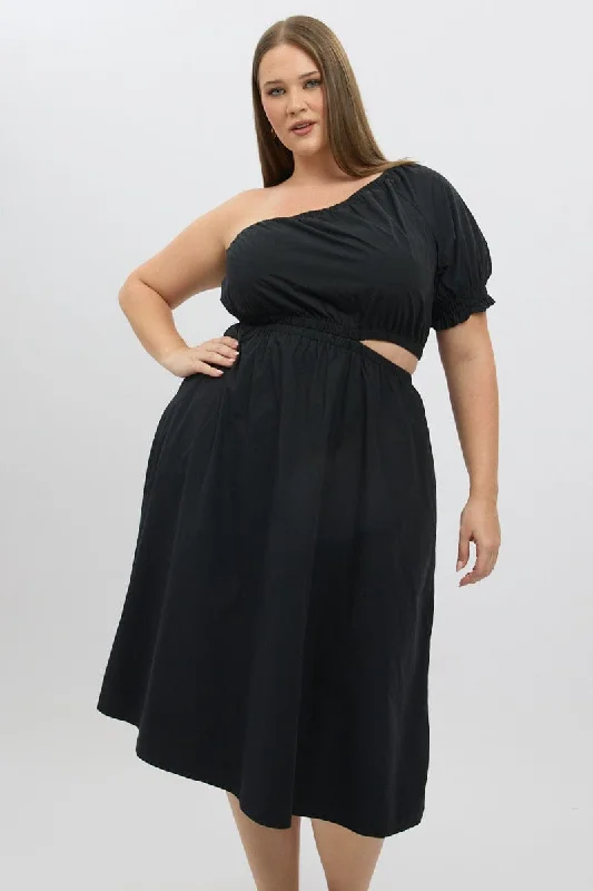 Black Cotton Poplin One Sleeve Dress