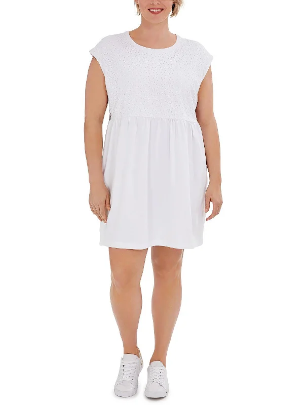 Plus Womens Eyelet Overlay A-Line Midi Dress