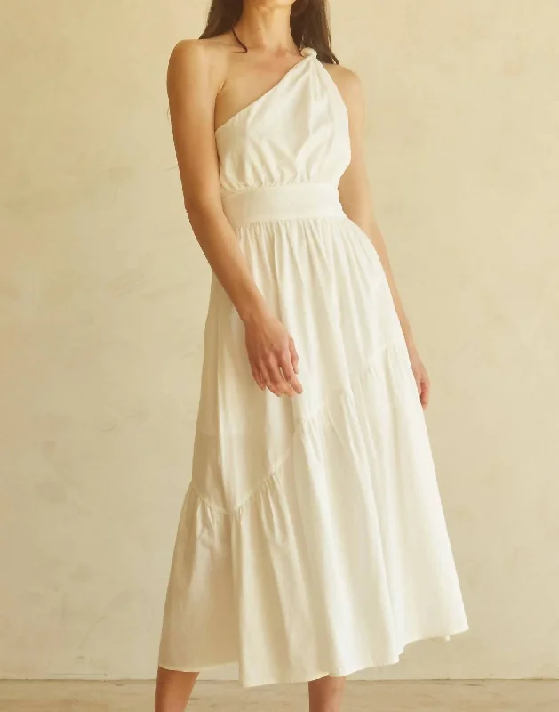 Leda One Shoulder Linen Midi Dress in Off White