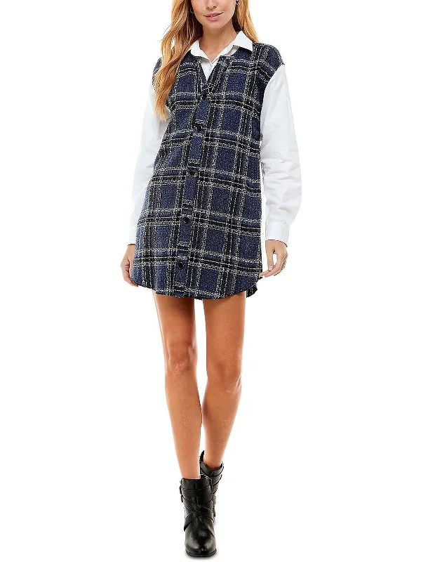 Juniors Womens Plaid Above Knee Shirtdress