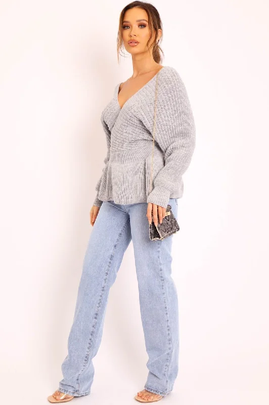 Grey Knitted Wrap Front Plunge Peplum Jumper - Samara