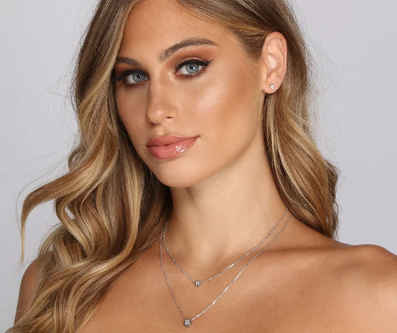 Cubic Zirconia Dainty Necklace And Studs Set