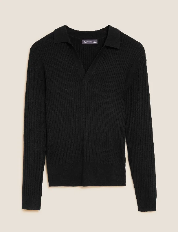 Ribbed Collared V-Neck Jumper