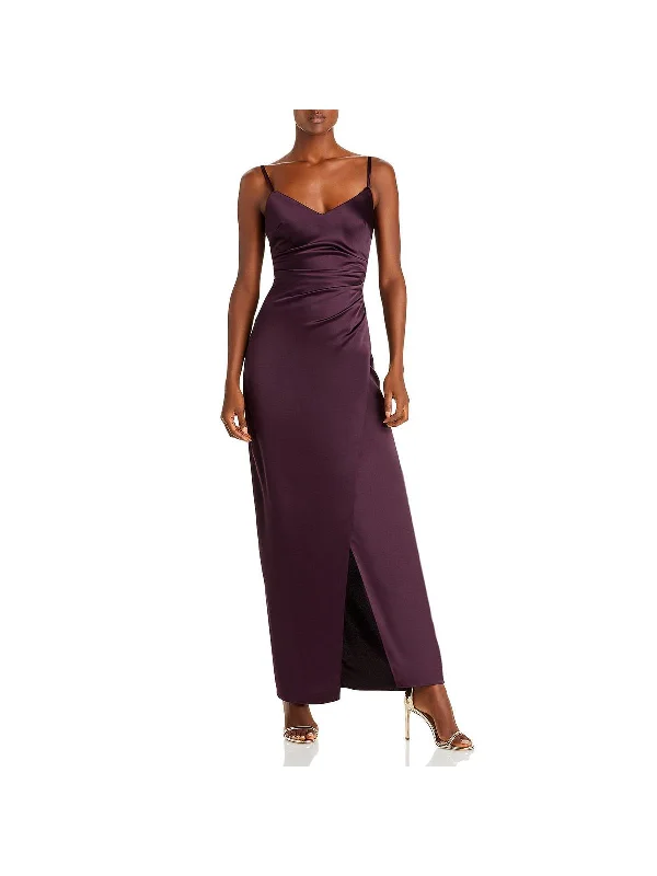 Womens Satin Ruched Evening Dress