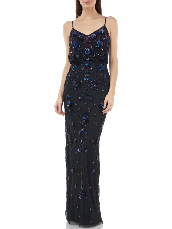 Womens Beaded Sequined Evening Dress