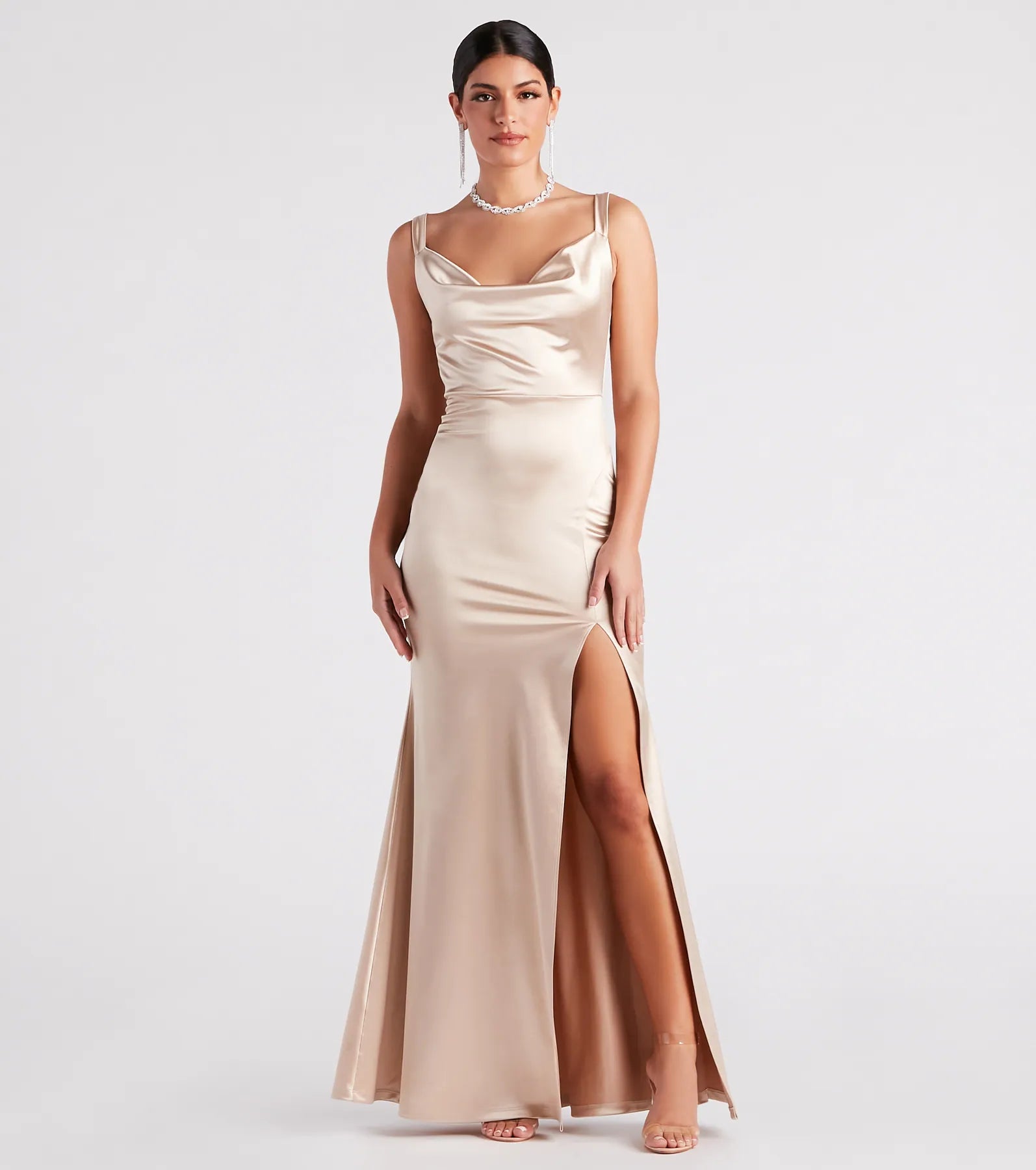 Kaylani Formal Satin Cowl Neck Long Dress