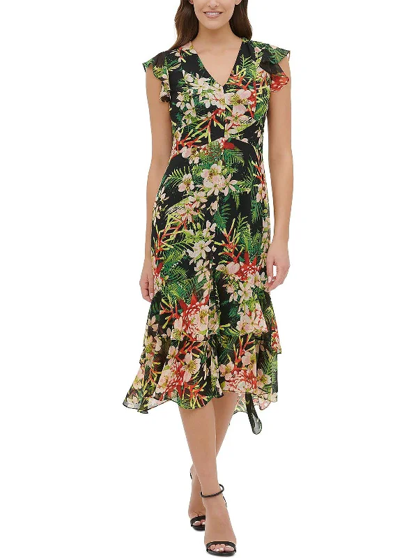 Womens Floral Printed Hi-Low Midi Dress