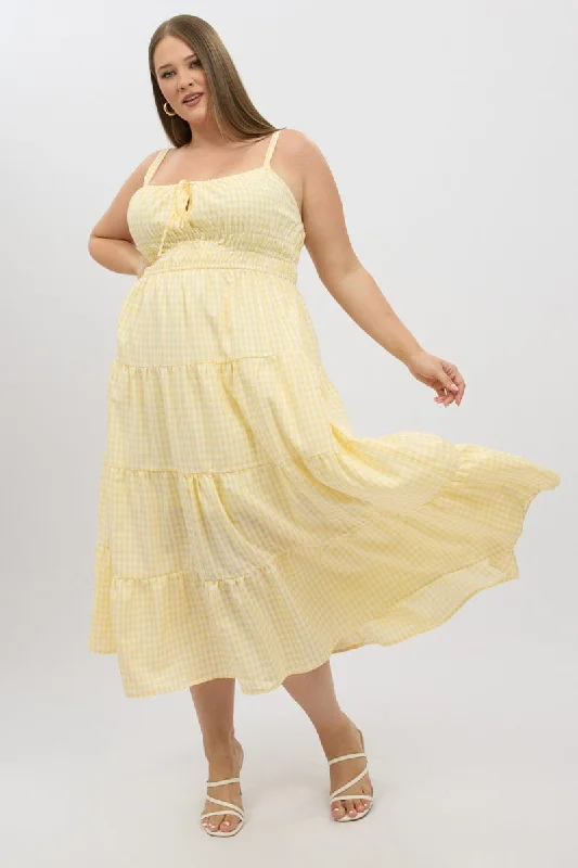 Yellow Check Midi Dress Sleeveless Tiered