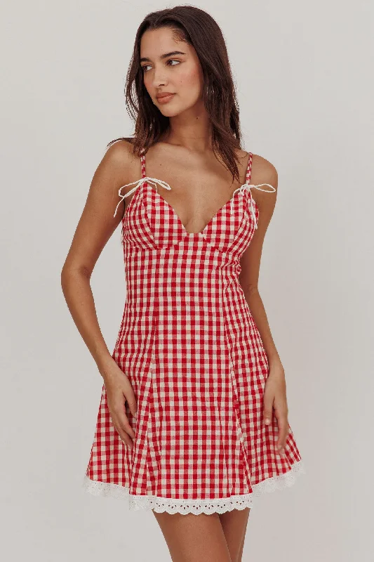 Noelle Lace Trim Mini Dress Gingham Red