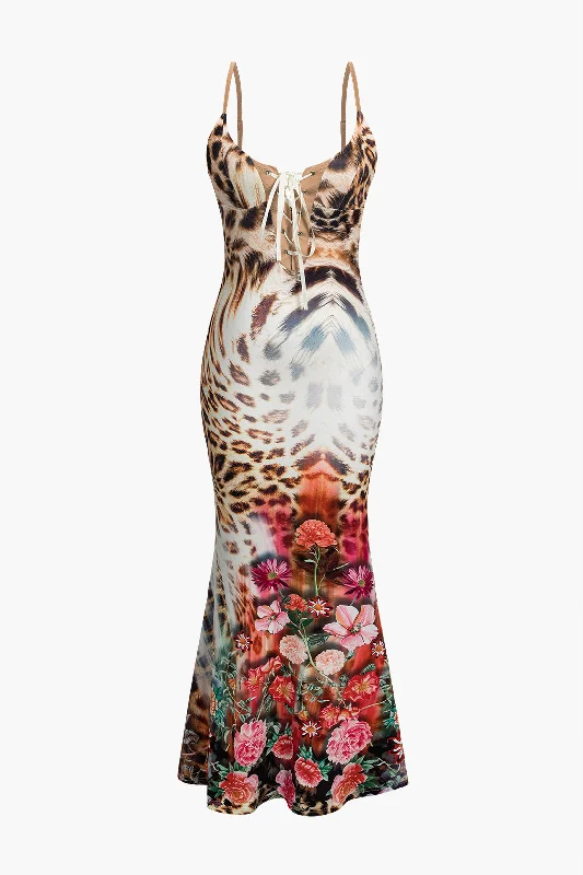 Leopard Floral Tie-Front Slip Maxi Dress