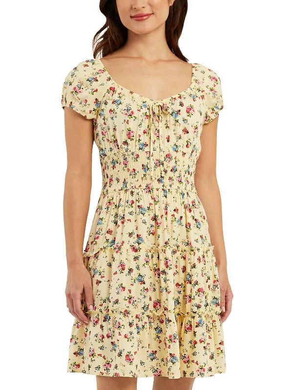 Juniors Emma Womens Floral Print Mini Fit & Flare Dress