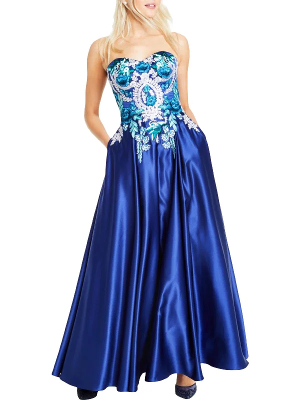 Juniors Womens Embroidered Strapless Evening Dress