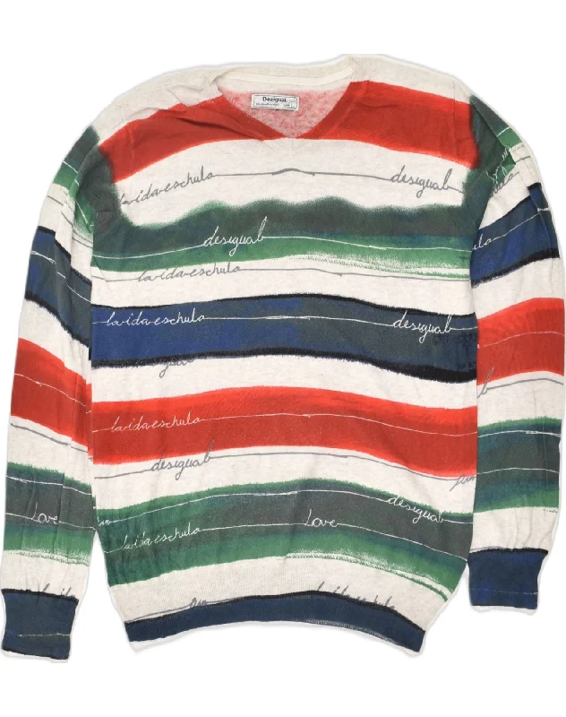 DESIGUAL Womens V-Neck Jumper Sweater UK 16 Large Multicoloured Striped