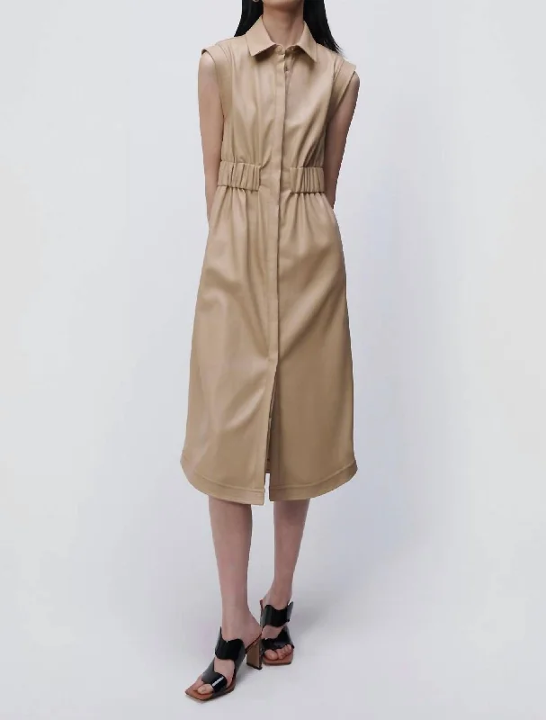 Nima Vegan Leather Sleeveless Midi Dress in Camel