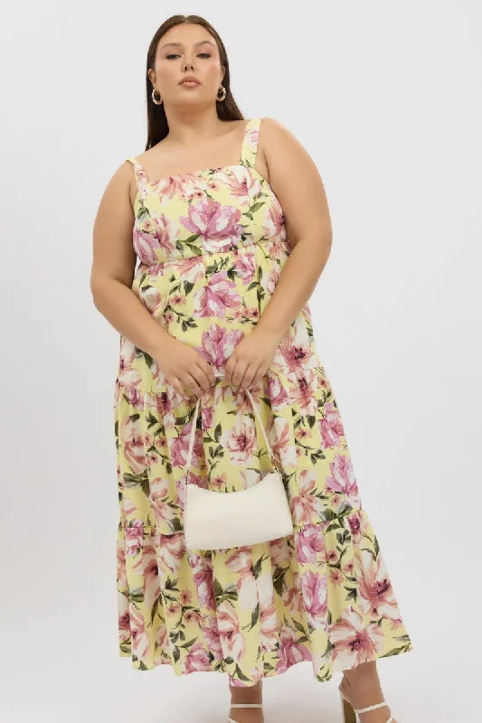 Yellow Floral Maxi Dress Sleeveless Tiered