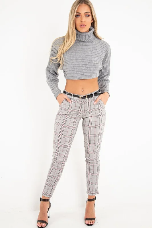 Grey Rib Knit Roll Neck Crop Jumper - Rylan