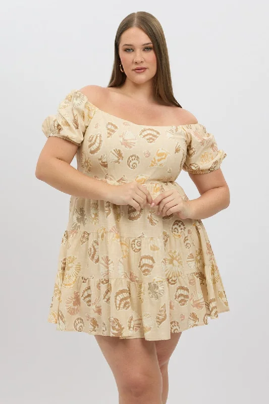 Beige Abstract Puff Sleeve Sweetheart Neck Dress