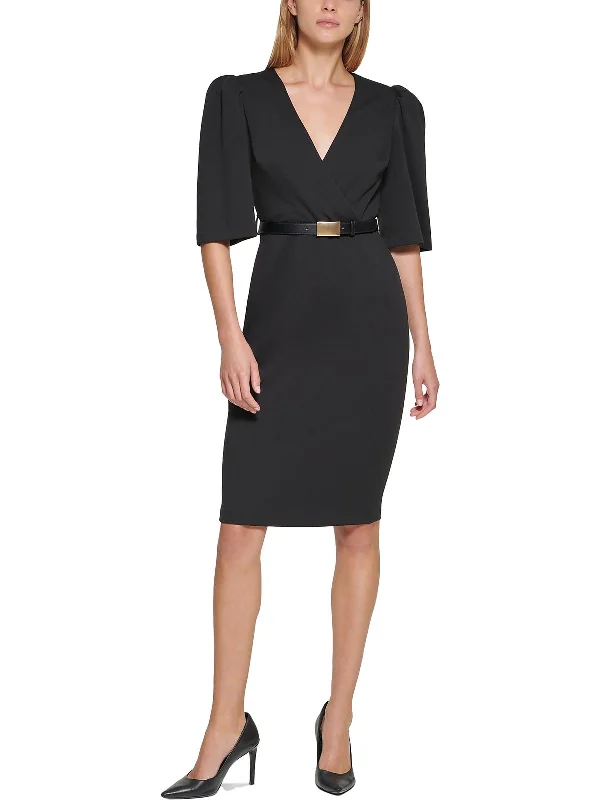 Womens Puff Sleeve Knee Length Sheath Dress