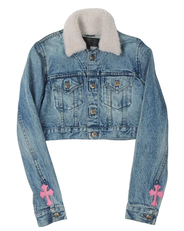 Cropped Shearling Denim Cross Patch Jacket