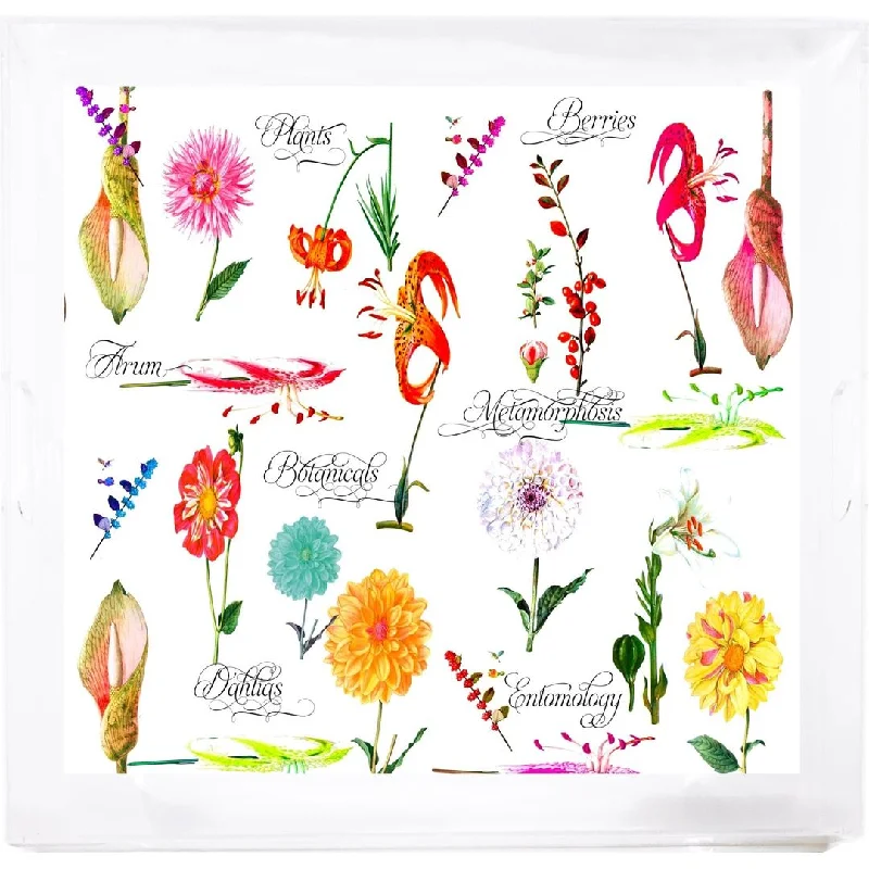 Botanicals White Beveled/Polished Acrylic 18X18 Large Size Square Printed Tray