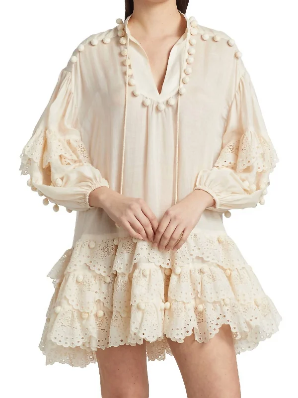 Lyre Embroidered Lace Trim Tiered Skirt Mini Dress in Cream