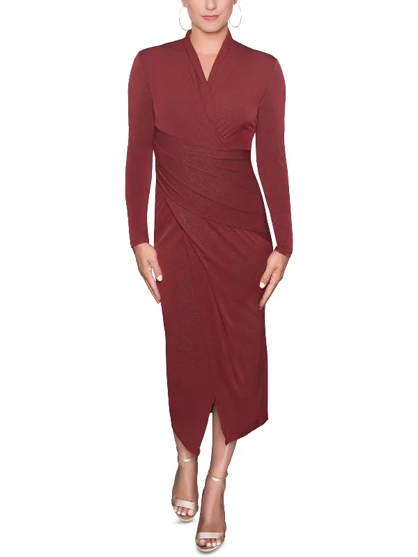 Womens Knit Faux-Wrap Midi Dress