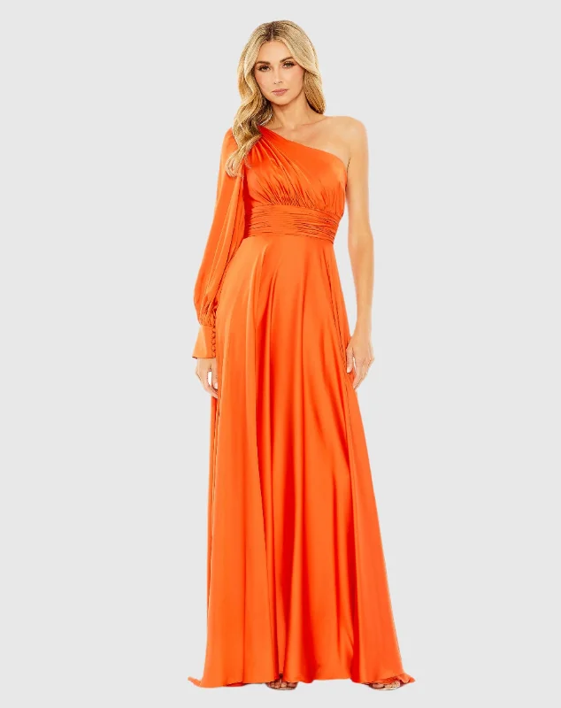 Orange One Shoulder Bishop Sleeve Flowy Gown