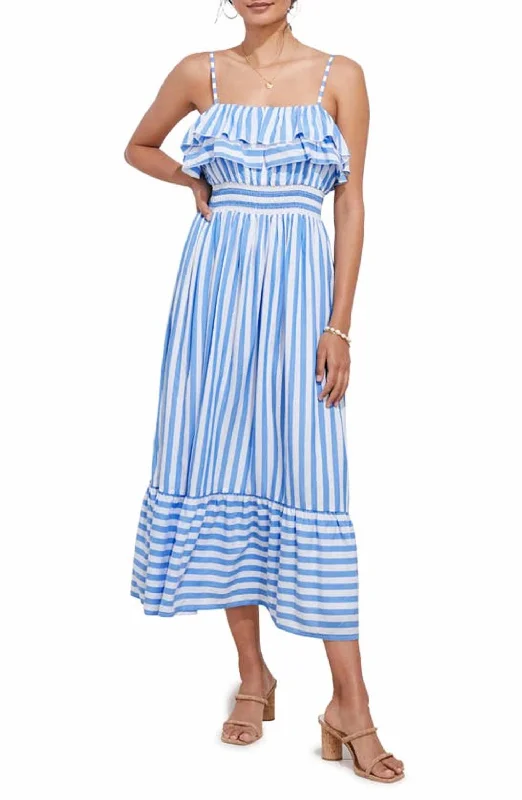 Lurex Striped Midi Dress in Tide Blue & White