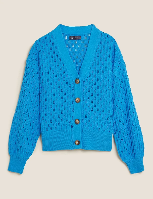 Cotton Pointelle V-Neck Cardigan