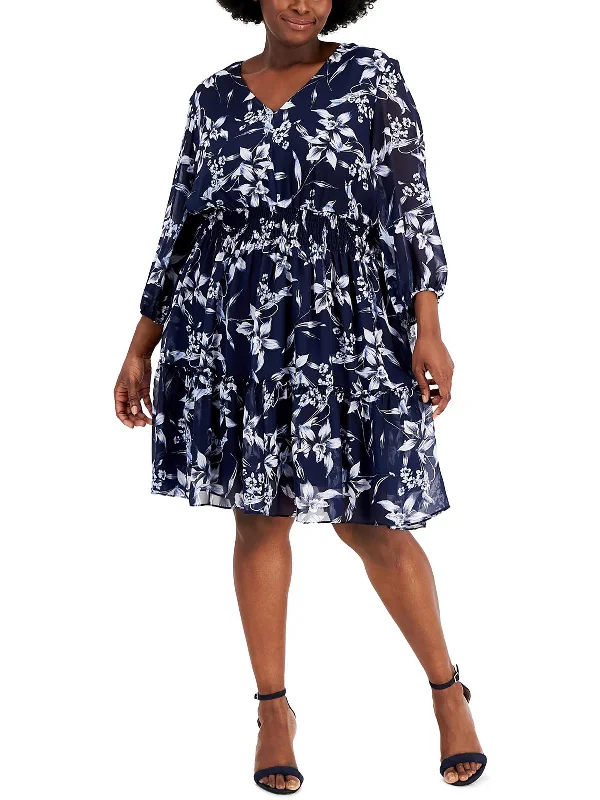 Plus Womens Floral Print V Fit & Flare Dress