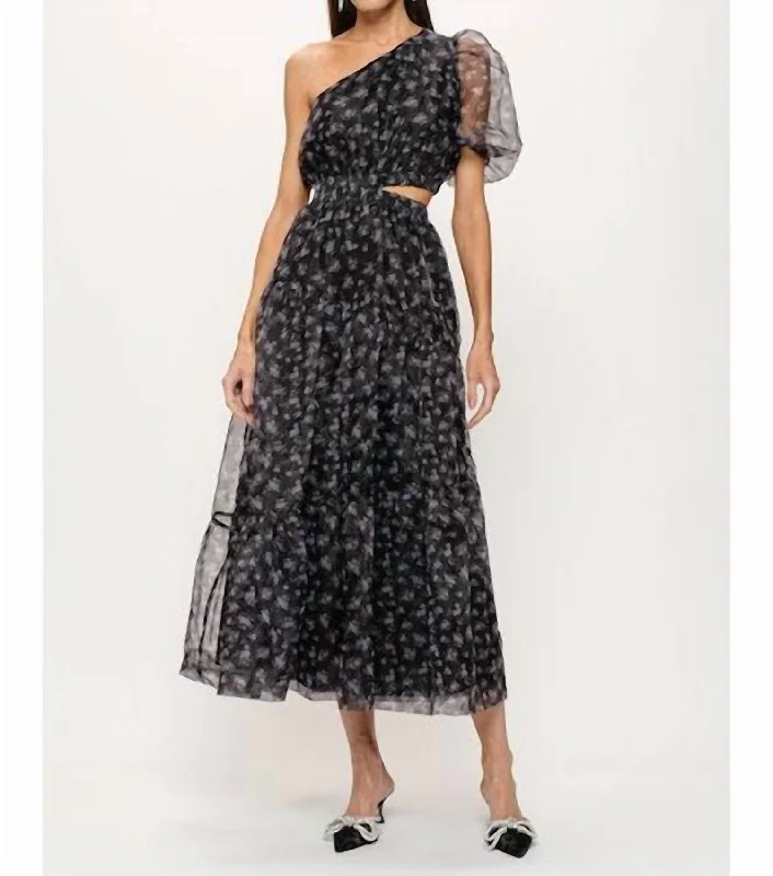 Aya Cut Out Organza Floral Midi Dress in Black