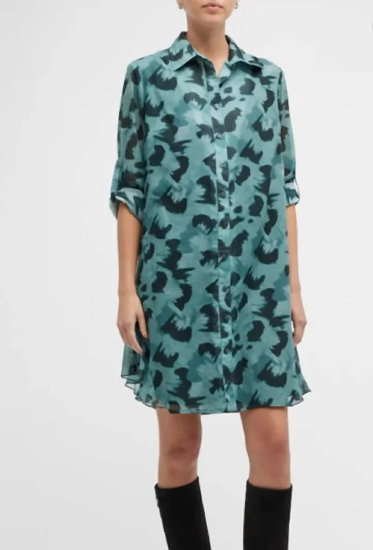 Agatha Shirt Dress in Teal/Black Brushstroke