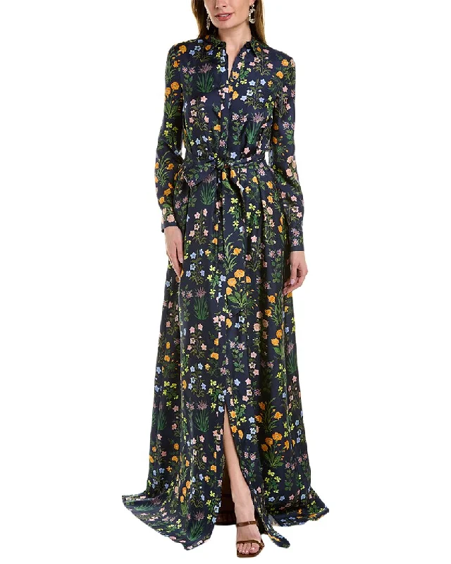 Oscar de la Renta Flower & Stem Silk Maxi Shirtdress