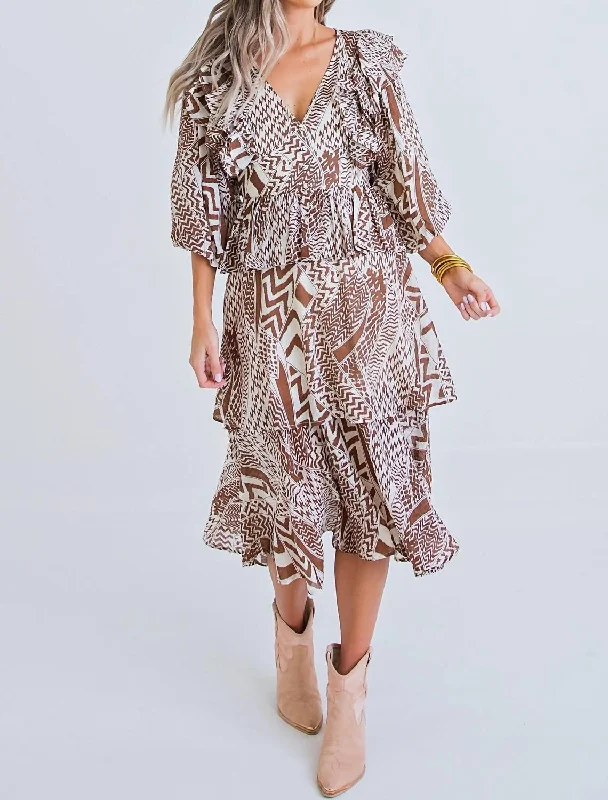 Geometric Tribal Midi Dress in Brown