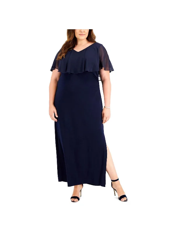 Plus Womens Cape Sleeve Long Evening Dress