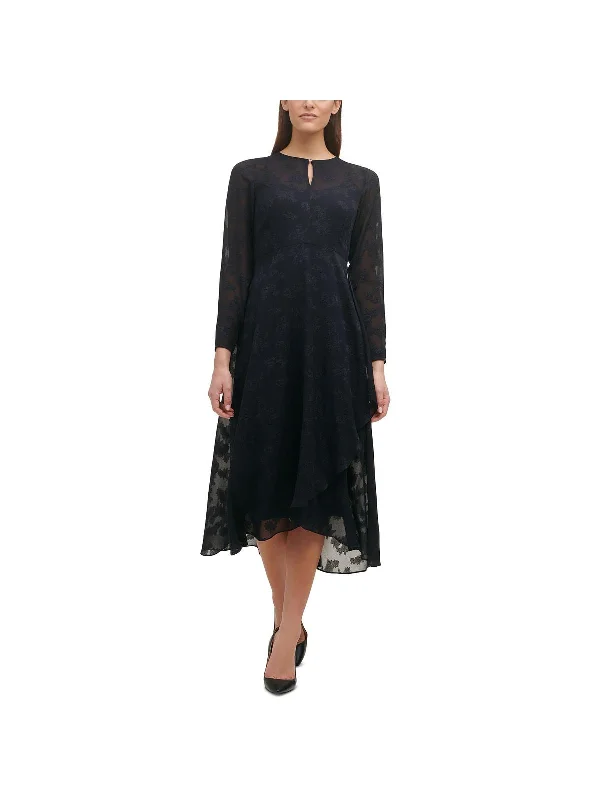 Womens Sheer Tea Length Wrap Dress