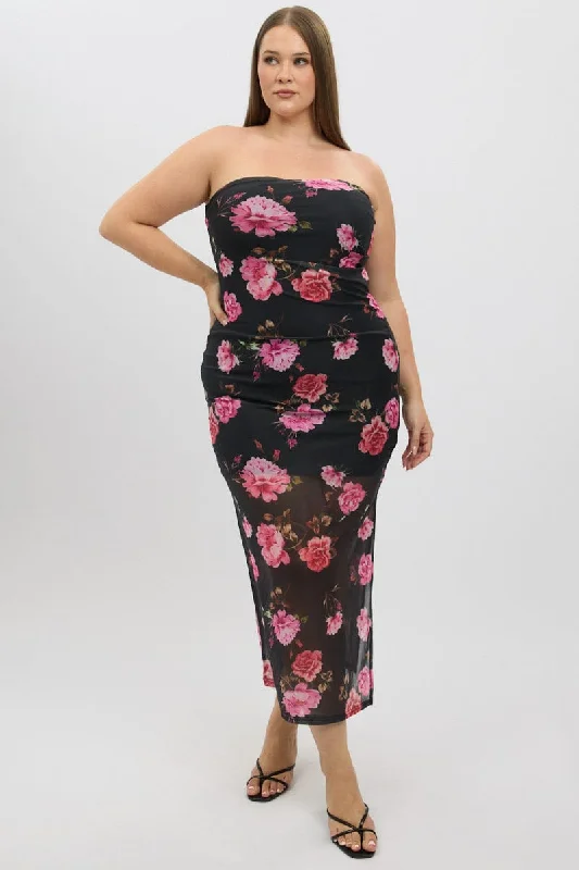 Black Floral Mesh Strapless Bodycon Dress