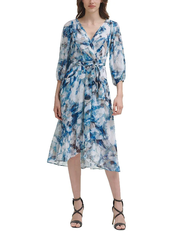 Womens Printed Midi Wrap Fit & Flare Dress