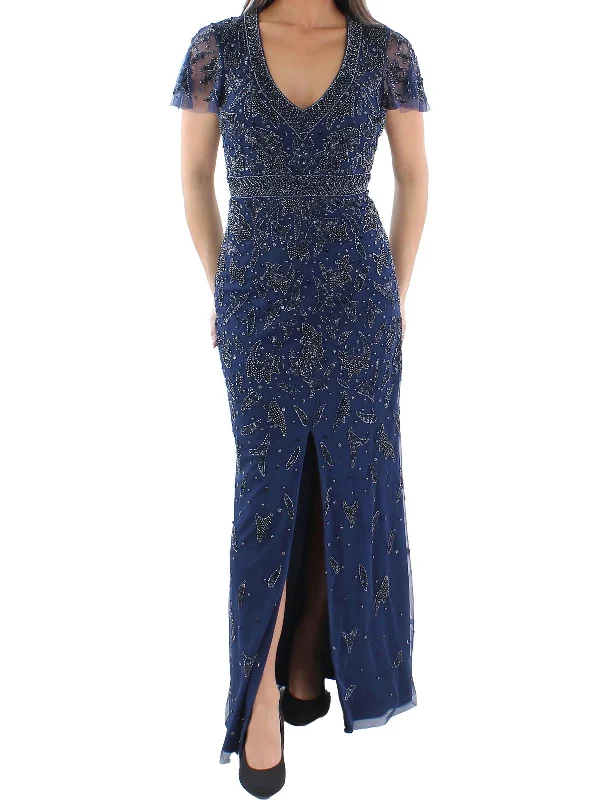 Womens Beaded V-Neck Evening Dress