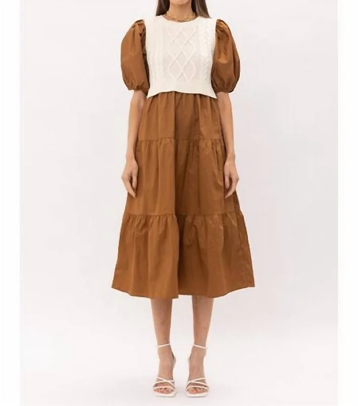 Cecile Poplin Midi Dress With Vest in Brown