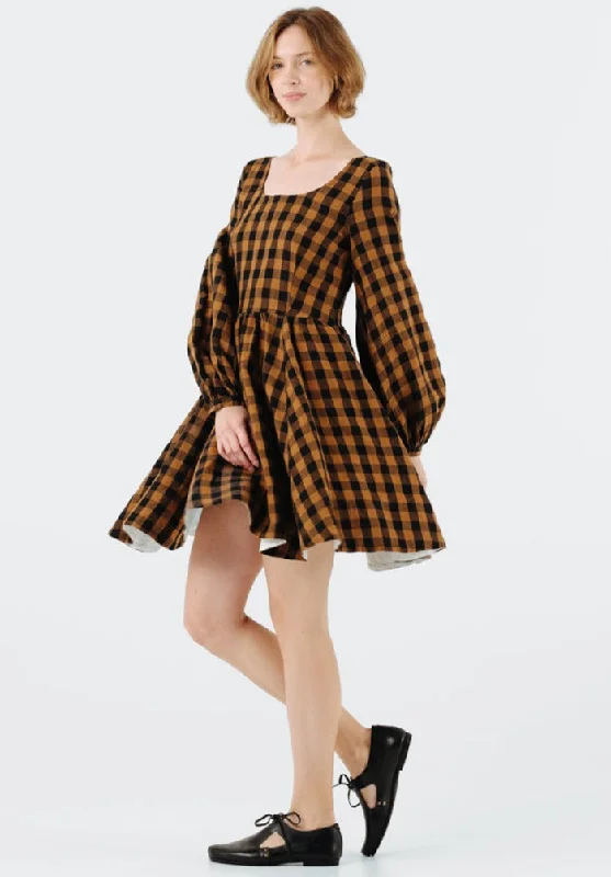 Mini Carmen Dress, Long Sleeve, Brown Checkers