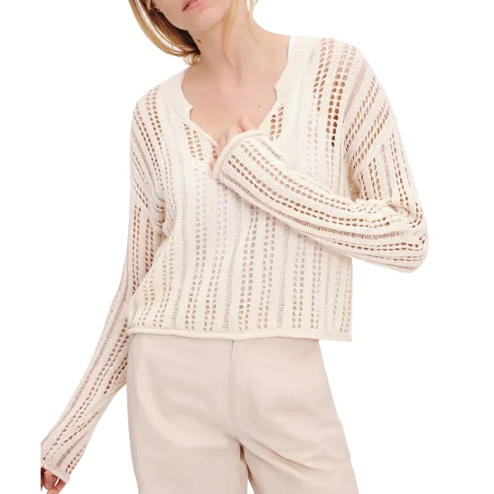 COTTON BLEND OPEN KNIT V-NECK SWEATER