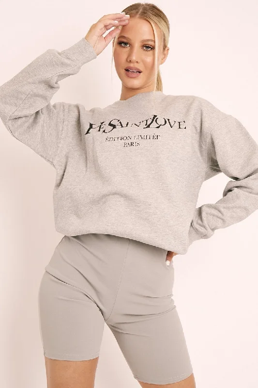 Grey Parisian Slogan Front Oversized Sweatshirt - Tamy