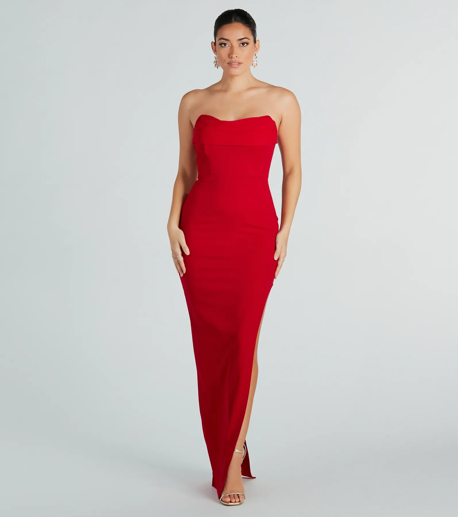 Aurie Formal Crepe Strapless Slit Long Dress