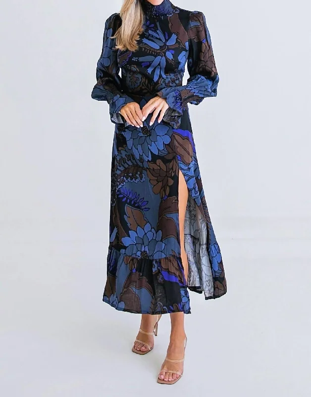 Floral Smock Neck Midi Dress in Blue