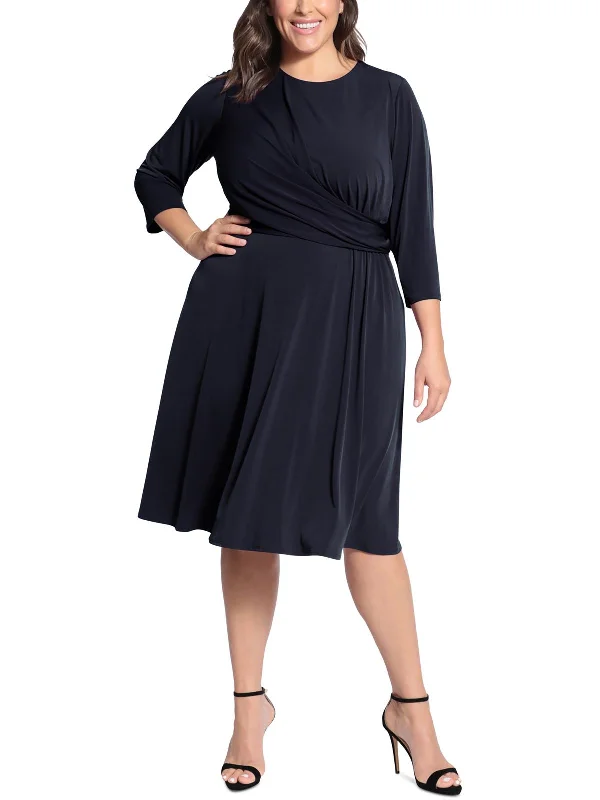 Plus Womens Gathered Mid Calf Fit & Flare Dress