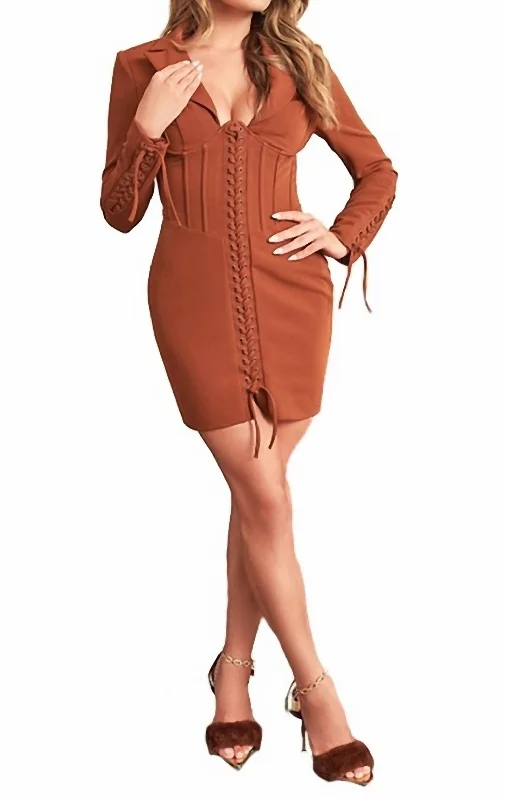 Lace Up Corset Blazer Mini Dress in Chocolate