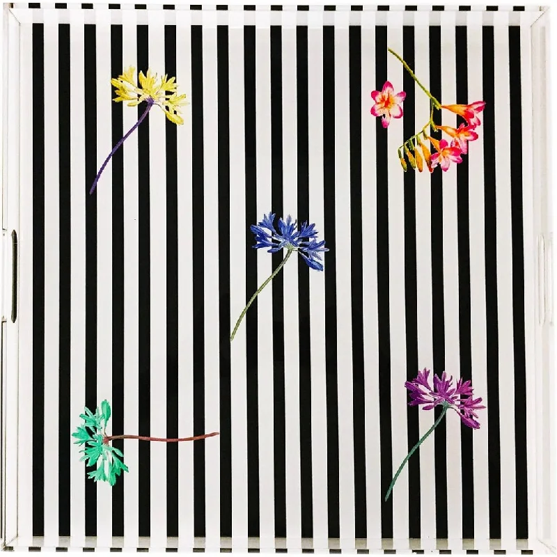 BLACK FLORAL STRIPES 18X18 ACRYLIC TRAY