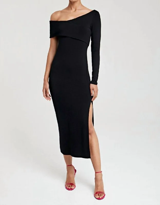 One Sleeve Midi Dress in Black