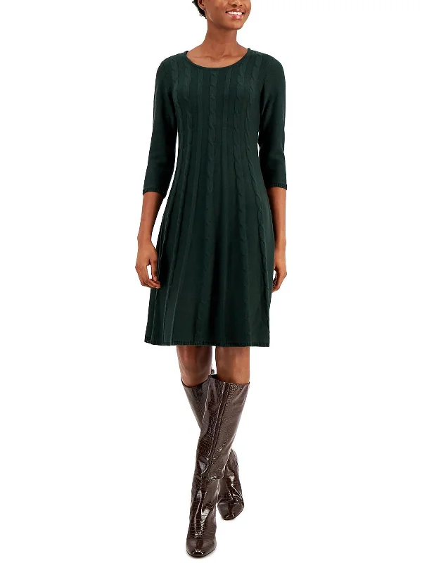 Womens Cable Knit Ribbed Trim Sweaterdress